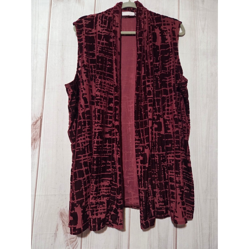 Susan Graver Womens 1X Burgundy Velvet Burnout Grid Open Front Vest Cardigan‎